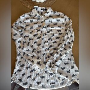 Max Studio White Button-Down Shirt with Black Motorcycle Print